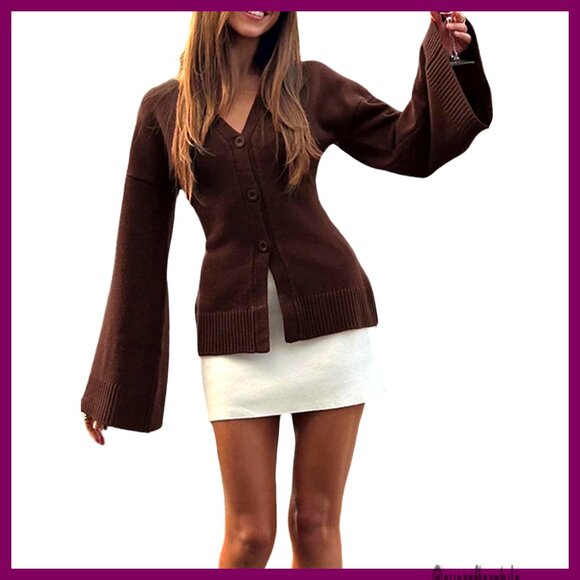 Women's Y2K Long Bell Sleeve Cardigan V Neck Open Front Knit Sweater